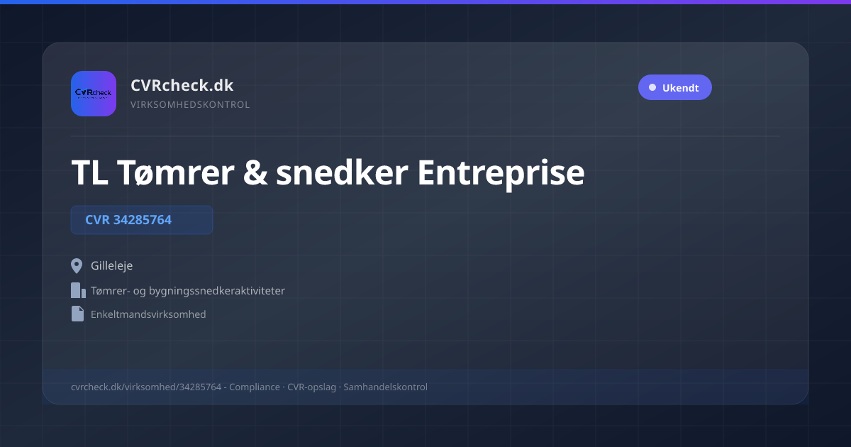 Visitkort: TL Tømrer & snedker Entreprise, CVR 34285764, Tømrer- og bygningssnedkeraktiviteter, Gilleleje