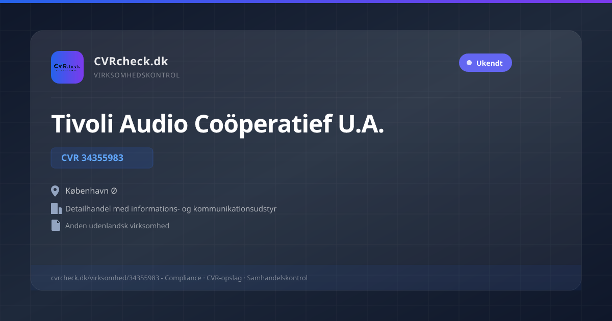Visitkort: Tivoli Audio Coöperatief U.A., CVR 34355983, Detailhandel med informations- og kommunikationsudstyr, København Ø