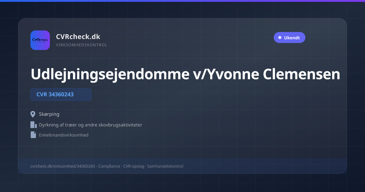 Visitkort: Udlejningsejendomme v/Yvonne Clemensen, CVR 34360243, Dyrkning af træer og andre skovbrugsaktiviteter, Skørping