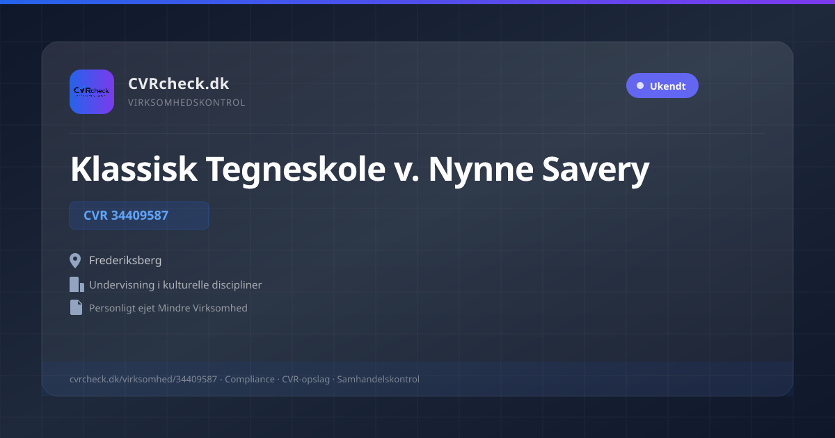 Visitkort: Klassisk Tegneskole v. Nynne Savery, CVR 34409587, Undervisning i kulturelle discipliner, Frederiksberg