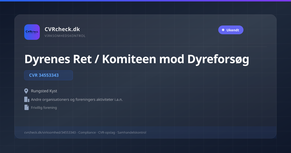Visitkort: Dyrenes Ret / Komiteen mod Dyreforsøg, CVR 34553343, Andre organisationers og foreningers aktiviteter i.a.n., Rungsted Kyst