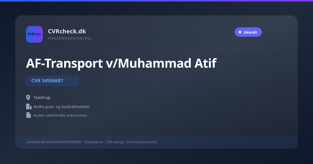 Visitkort: AF-Transport v/Muhammad Atif, CVR 34556687, Andre post- og kuréraktiviteter, Taastrup