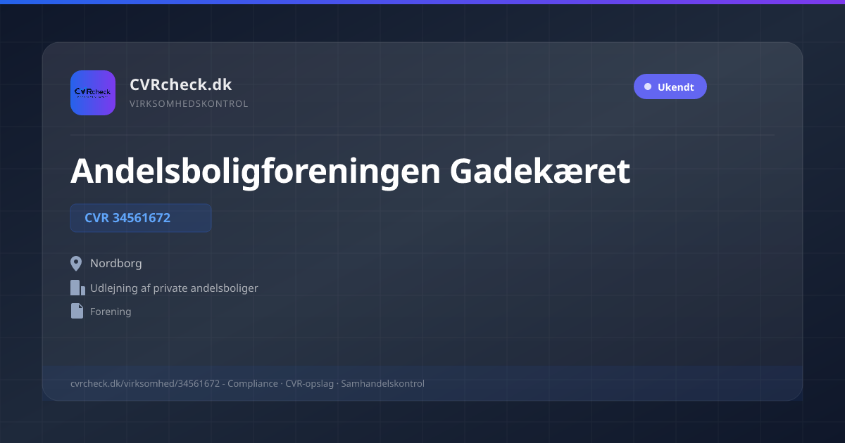 Visitkort: Andelsboligforeningen Gadekæret, CVR 34561672, Udlejning af private andelsboliger, Nordborg