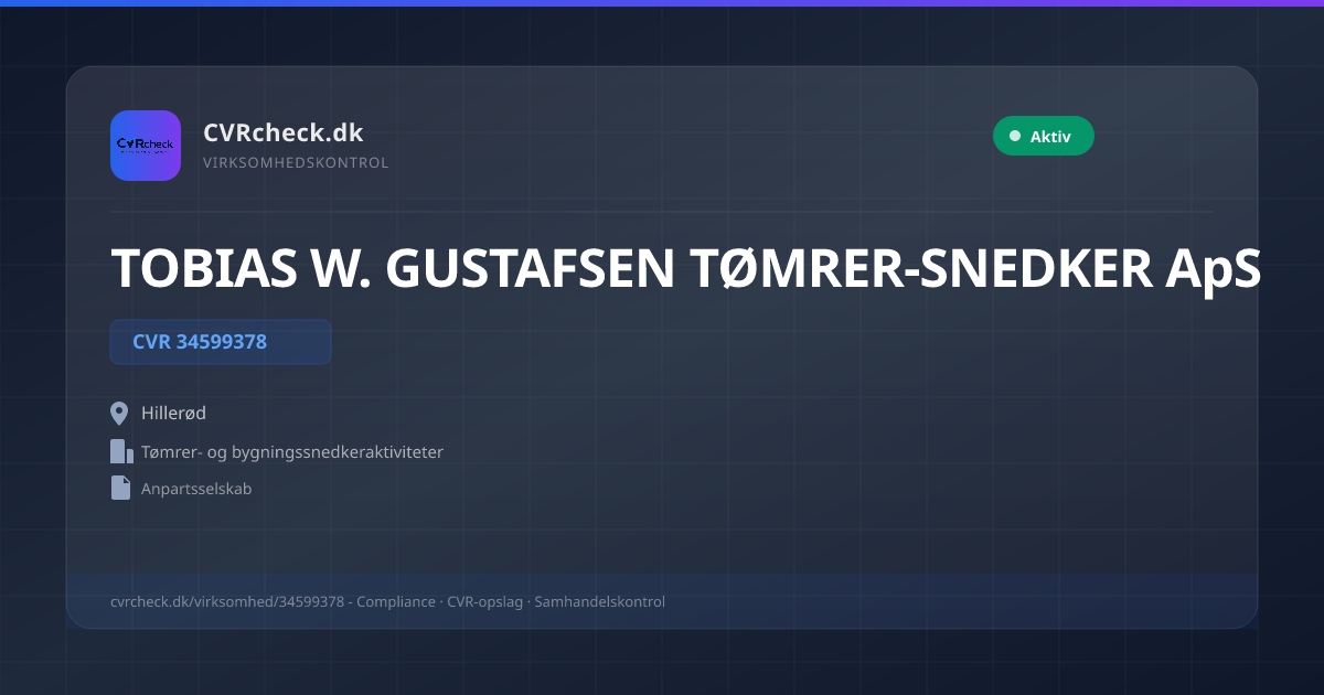 Visitkort: TOBIAS W. GUSTAFSEN TØMRER-SNEDKER ApS, CVR 34599378, Tømrer- og bygningssnedkeraktiviteter, Hillerød, NORMAL
