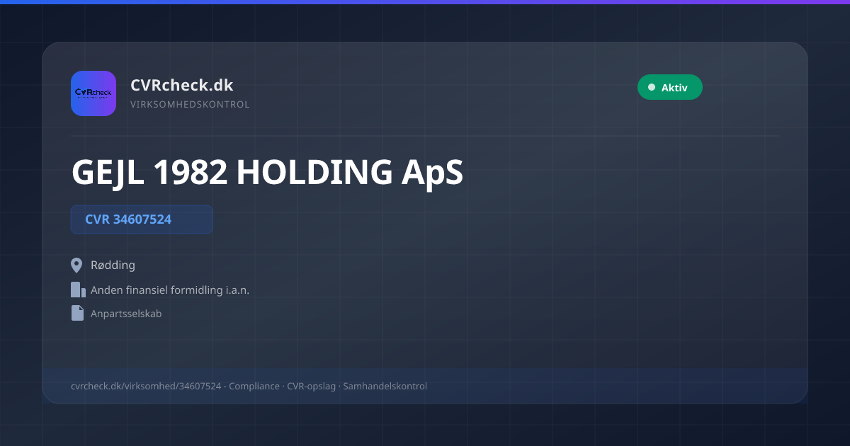Visitkort: GEJL 1982 HOLDING ApS, CVR 34607524, Anden finansiel formidling i.a.n., Rødding, NORMAL