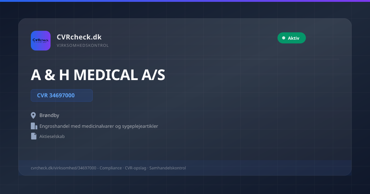 Visitkort: A & H MEDICAL A/S, CVR 34697000, Engroshandel med medicinalvarer og sygeplejeartikler, Brøndby, NORMAL