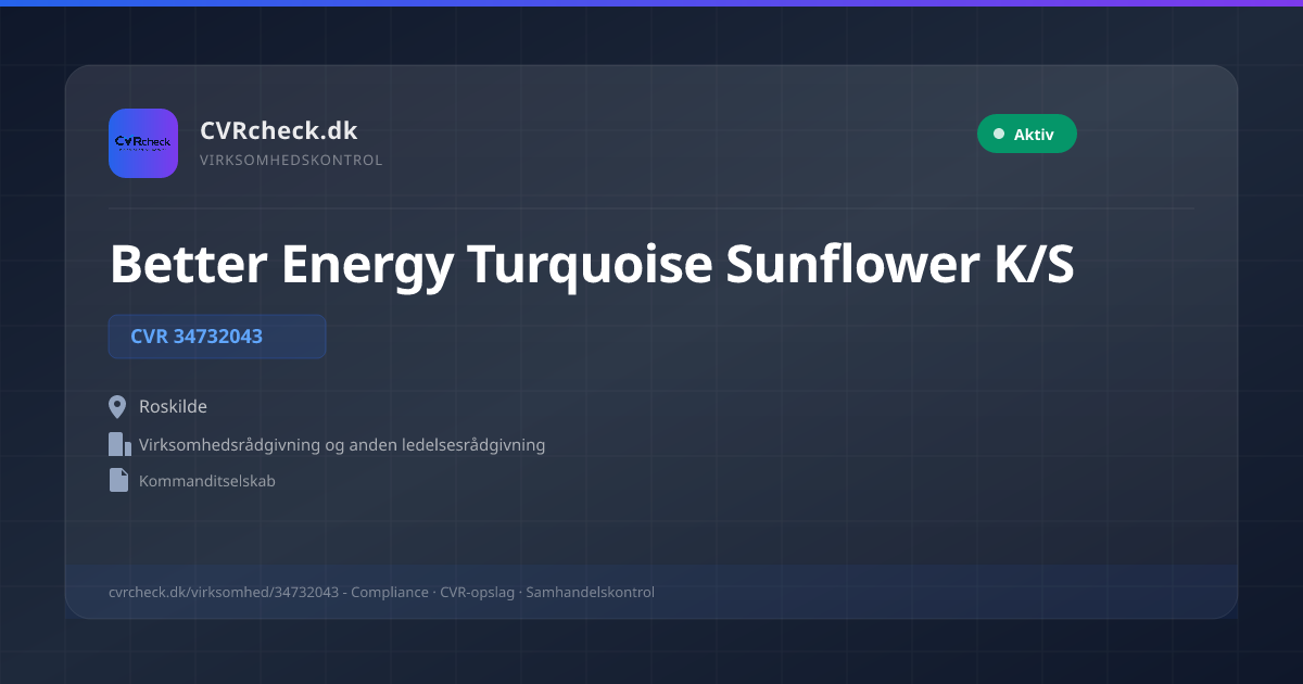 Visitkort: Better Energy Turquoise Sunflower K/S, CVR 34732043, Virksomhedsrådgivning og anden ledelsesrådgivning, Roskilde, NORMAL