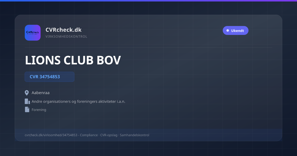 Visitkort: LIONS CLUB BOV, CVR 34754853, Andre organisationers og foreningers aktiviteter i.a.n., Aabenraa