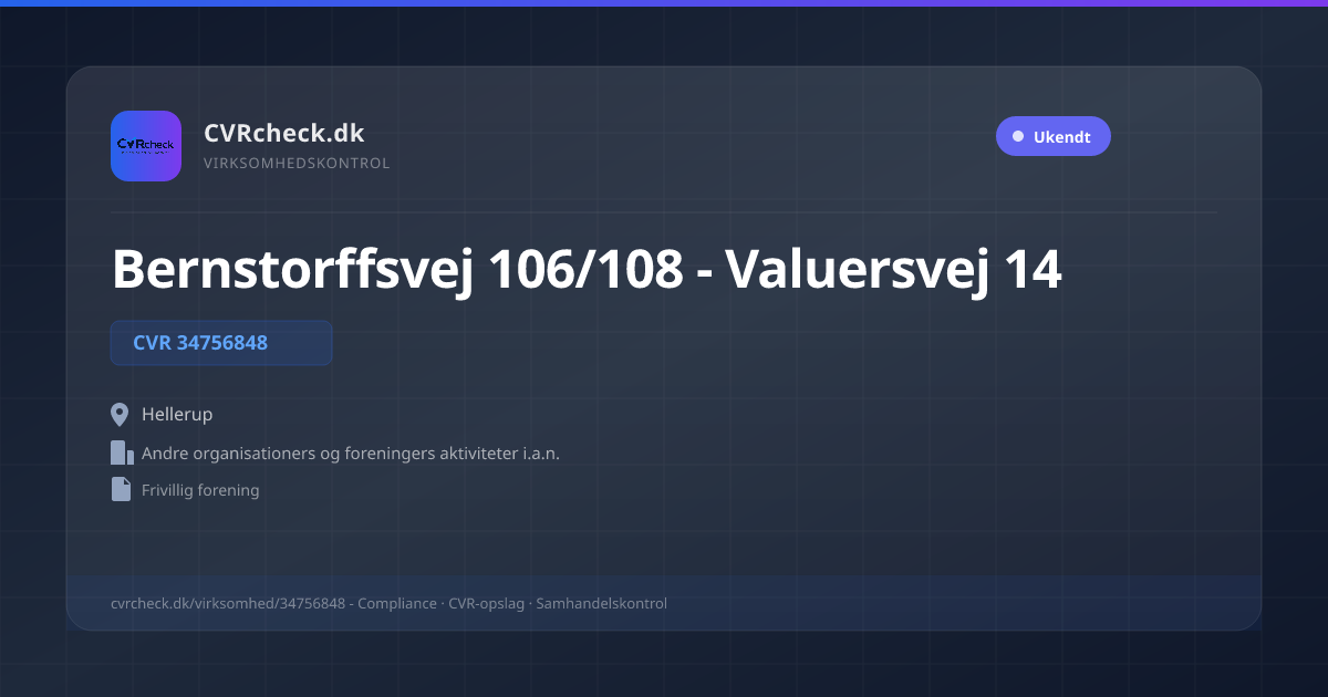 Visitkort: Bernstorffsvej 106/108 - Valuersvej 14, CVR 34756848, Andre organisationers og foreningers aktiviteter i.a.n., Hellerup