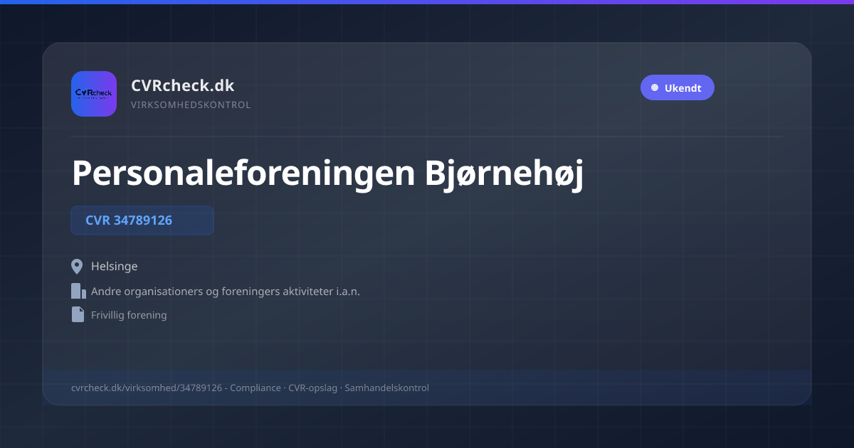 Visitkort: Personaleforeningen Bjørnehøj, CVR 34789126, Andre organisationers og foreningers aktiviteter i.a.n., Helsinge