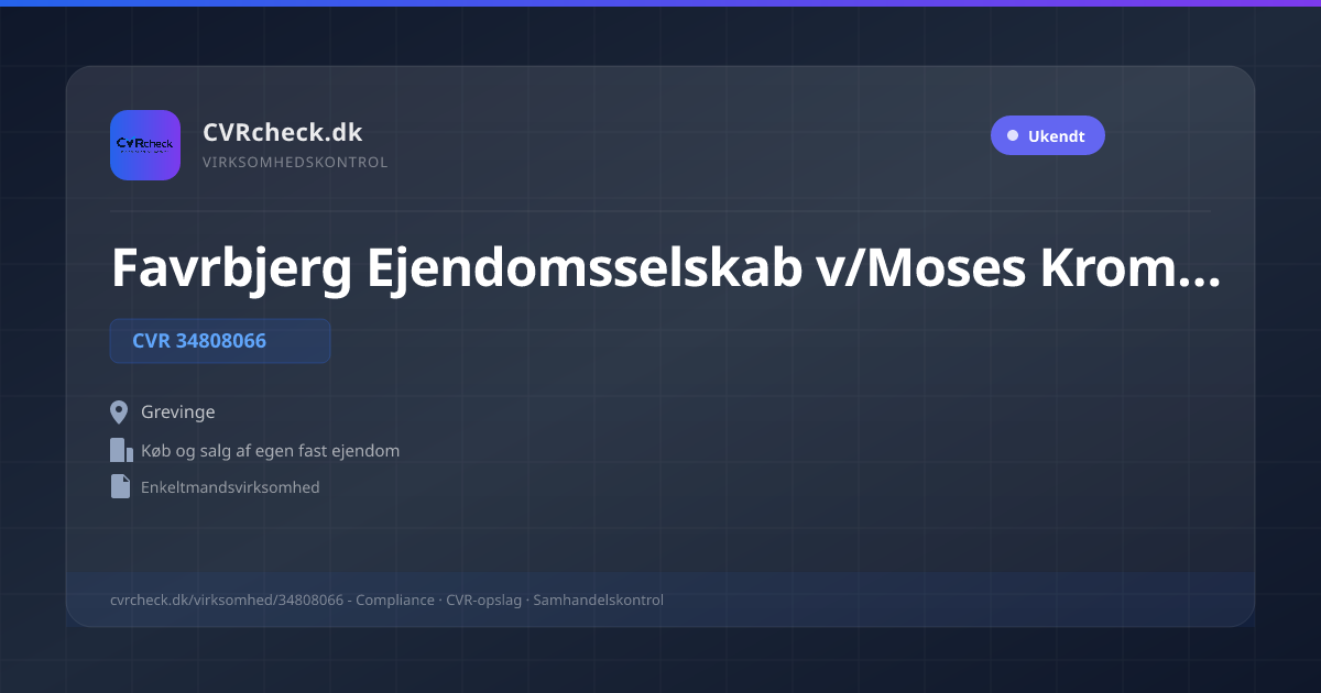 Visitkort: Favrbjerg Ejendomsselskab v/Moses Kromann Reich, CVR 34808066, Køb og salg af egen fast ejendom, Grevinge