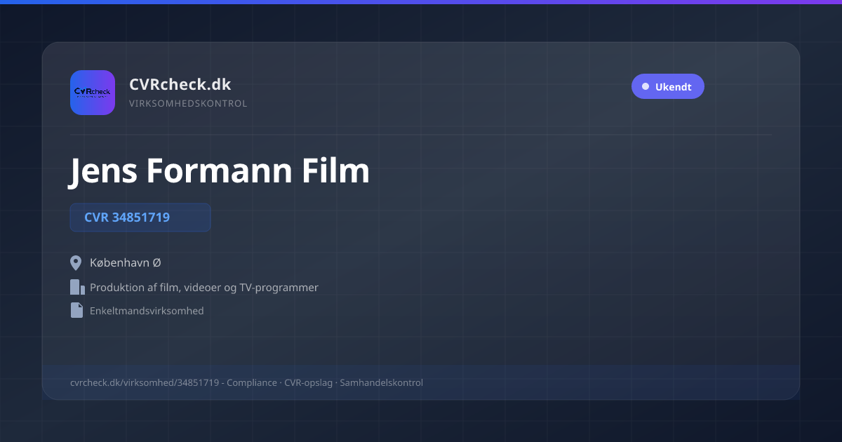 Visitkort: Jens Formann Film, CVR 34851719, Produktion af film, videoer og TV-programmer, København Ø