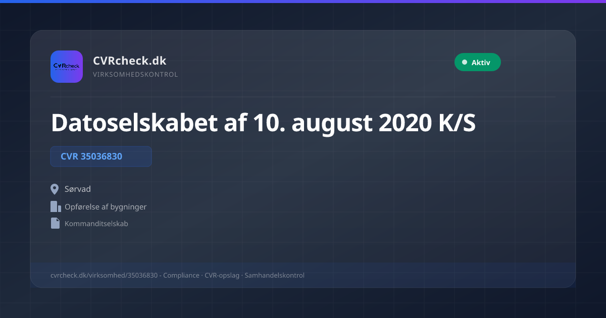 Visitkort: Datoselskabet af 10. august 2020 K/S, CVR 35036830, Opførelse af bygninger, Sørvad, NORMAL