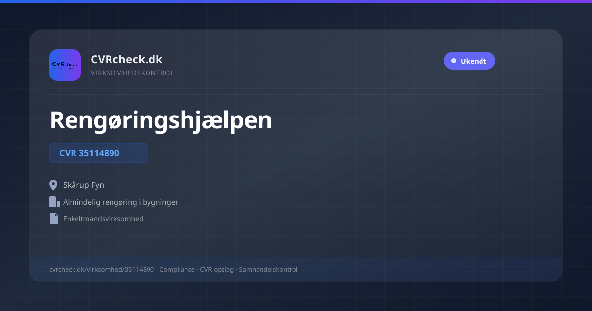 Visitkort: Rengøringshjælpen, CVR 35114890, Almindelig rengøring i bygninger, Skårup Fyn