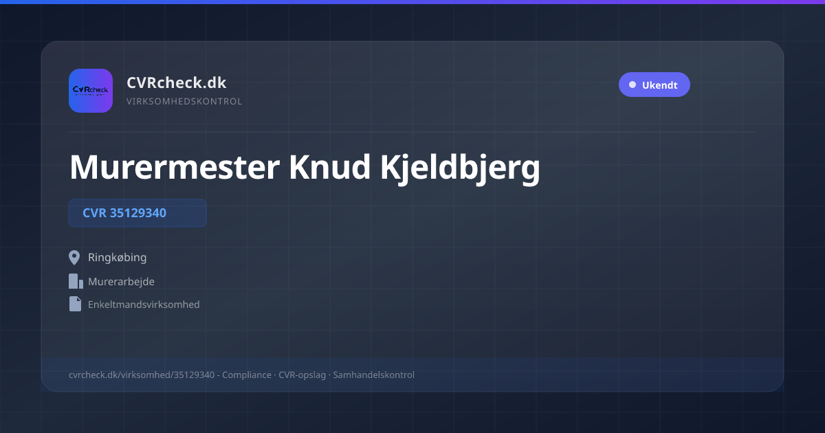Visitkort: Murermester Knud Kjeldbjerg, CVR 35129340, Murerarbejde, Ringkøbing