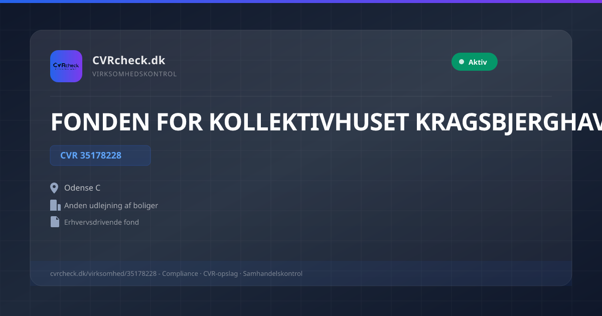 Visitkort: FONDEN FOR KOLLEKTIVHUSET KRAGSBJERGHAVE, CVR 35178228, Anden udlejning af boliger, Odense C, NORMAL