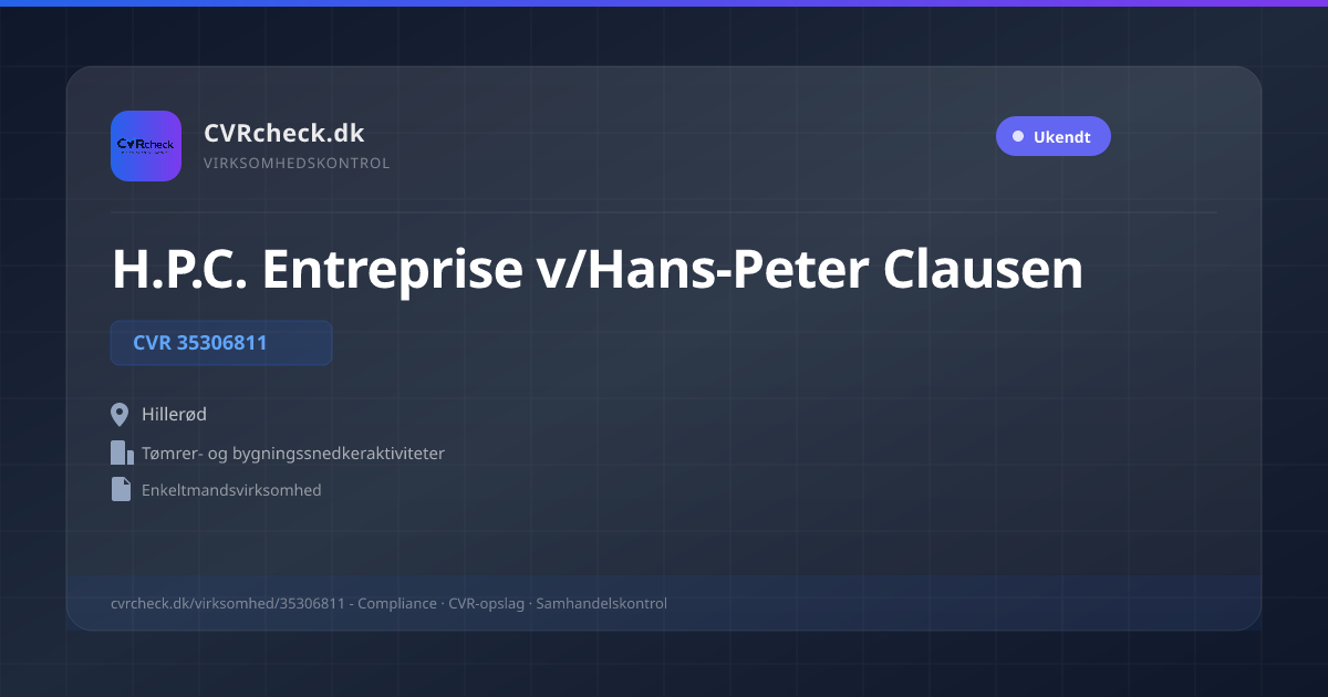 Visitkort: H.P.C. Entreprise v/Hans-Peter Clausen, CVR 35306811, Tømrer- og bygningssnedkeraktiviteter, Hillerød