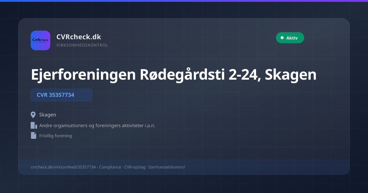 Visitkort: Ejerforeningen Rødegårdsti 2-24, Skagen, CVR 35357734, Andre organisationers og foreningers aktiviteter i.a.n., Skagen, Aktiv