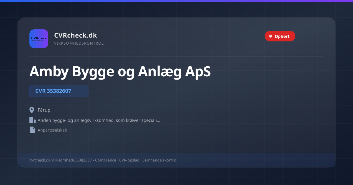 Visitkort: Amby Bygge og Anlæg ApS, CVR 35382607, Anden bygge- og anlægsvirksomhed, som kræver specialisering, Fårup, OPLØST EFTER KONKURS