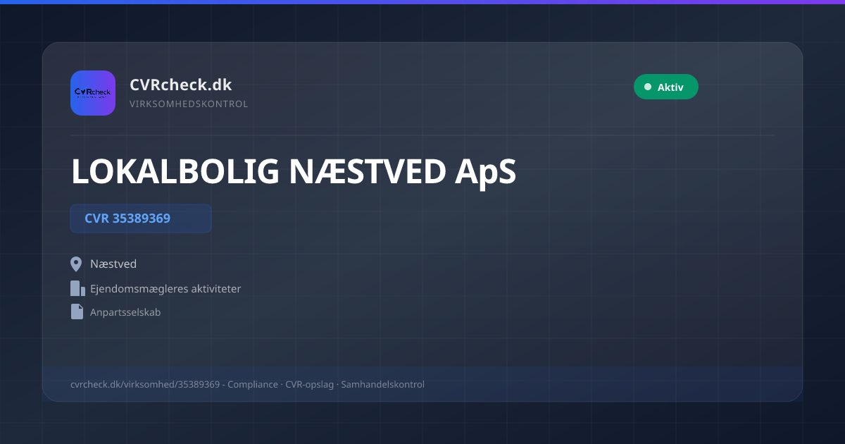 Visitkort: LOKALBOLIG NÆSTVED ApS, CVR 35389369, Ejendomsmægleres aktiviteter, Næstved, NORMAL