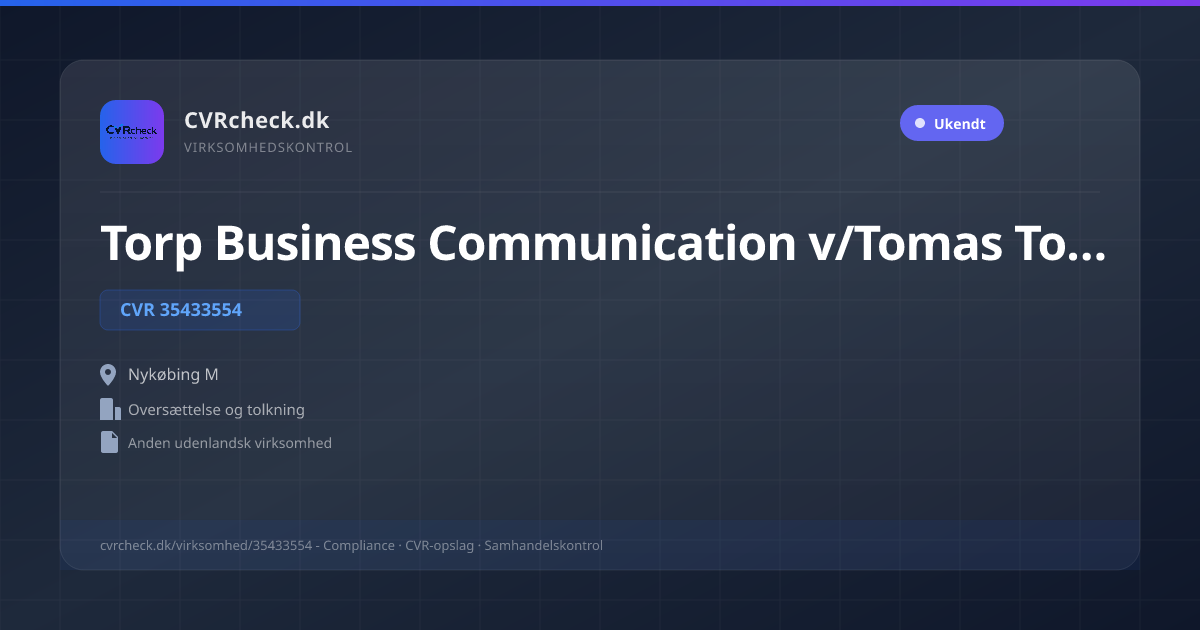 Visitkort: Torp Business Communication v/Tomas Torp Petersen, CVR 35433554, Oversættelse og tolkning, Nykøbing M