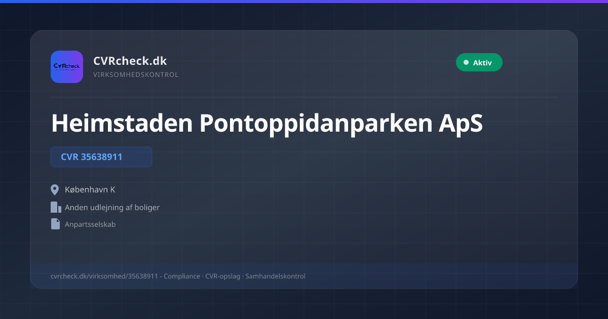 Visitkort: Heimstaden Pontoppidanparken ApS, CVR 35638911, Anden udlejning af boliger, København K, NORMAL