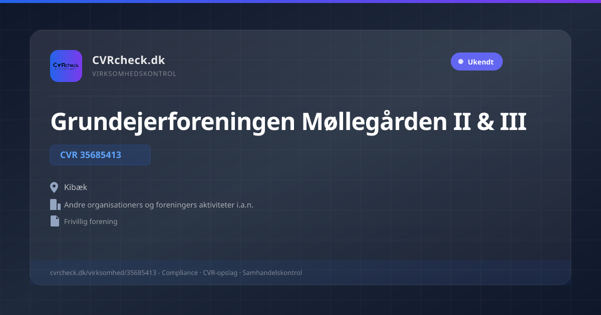Visitkort: Grundejerforeningen Møllegården II & III, CVR 35685413, Andre organisationers og foreningers aktiviteter i.a.n., Kibæk