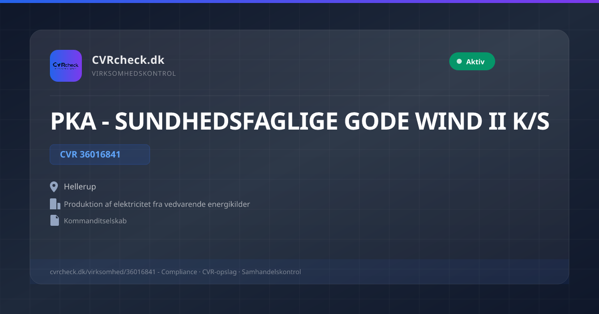 Visitkort: PKA - SUNDHEDSFAGLIGE GODE WIND II K/S, CVR 36016841, Produktion af elektricitet fra vedvarende energikilder, Hellerup, NORMAL