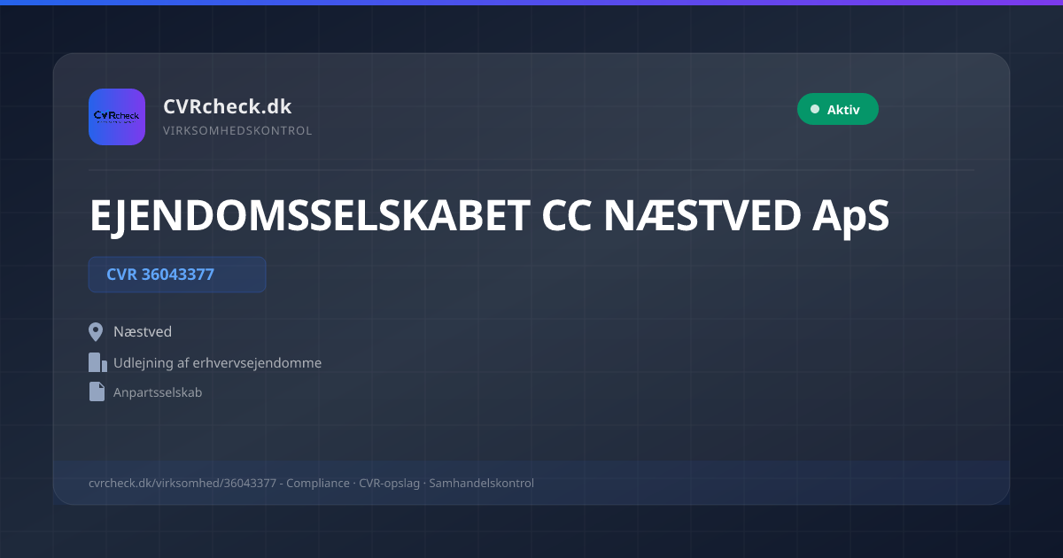 Visitkort: EJENDOMSSELSKABET CC NÆSTVED ApS, CVR 36043377, Udlejning af erhvervsejendomme, Næstved, NORMAL