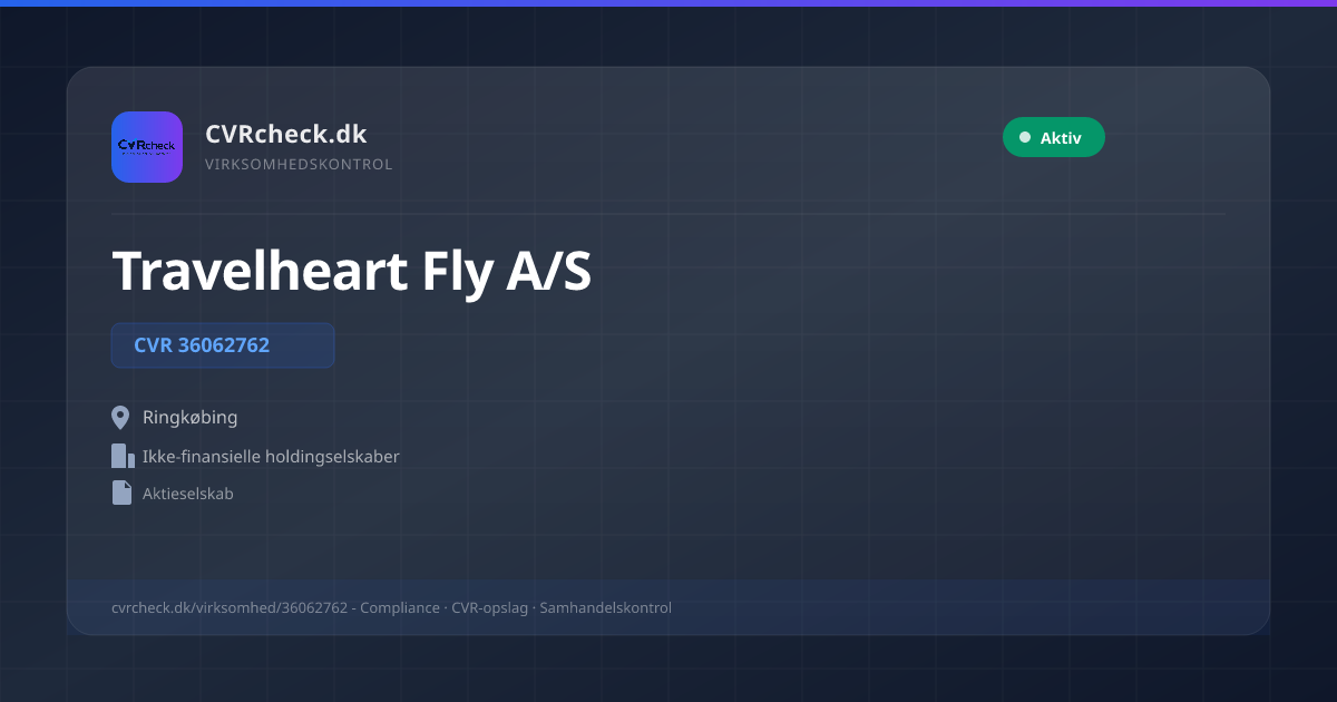 Visitkort: Travelheart Fly A/S, CVR 36062762, Ikke-finansielle holdingselskaber, Ringkøbing, NORMAL