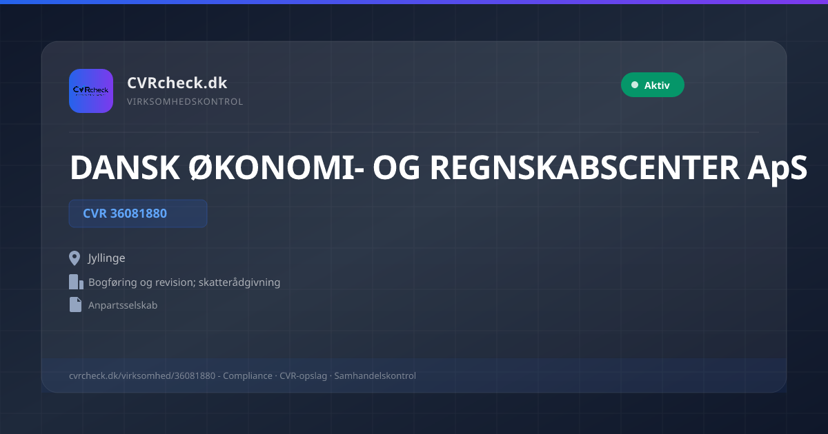 Visitkort: DANSK ØKONOMI- OG REGNSKABSCENTER ApS, CVR 36081880, Bogføring og revision; skatterådgivning, Jyllinge, NORMAL