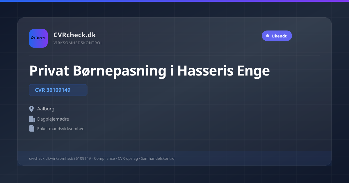 Visitkort: Privat Børnepasning i Hasseris Enge, CVR 36109149, Dagplejemødre, Aalborg