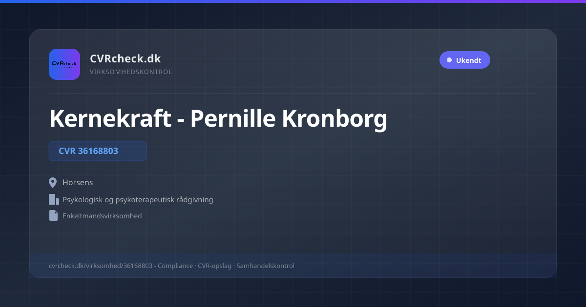 Visitkort: Kernekraft - Pernille Kronborg, CVR 36168803, Psykologisk og psykoterapeutisk rådgivning, Horsens