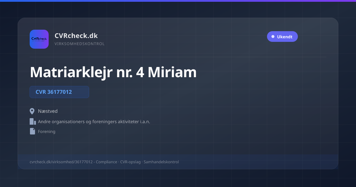 Visitkort: Matriarklejr nr. 4 Miriam, CVR 36177012, Andre organisationers og foreningers aktiviteter i.a.n., Næstved