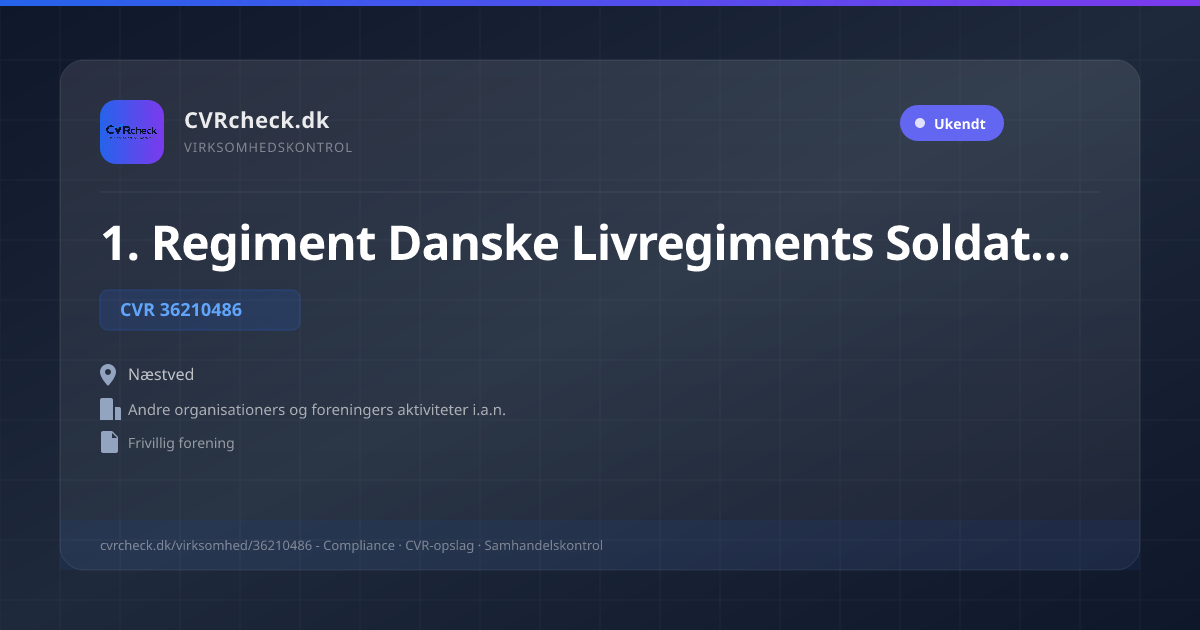 Visitkort: 1. Regiment Danske Livregiments Soldaterforening, CVR 36210486, Andre organisationers og foreningers aktiviteter i.a.n., Næstved
