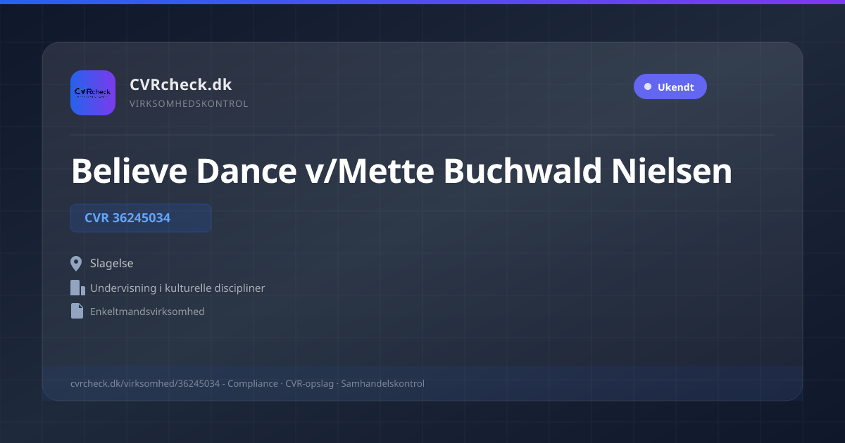 Visitkort: Believe Dance v/Mette Buchwald Nielsen, CVR 36245034, Undervisning i kulturelle discipliner, Slagelse
