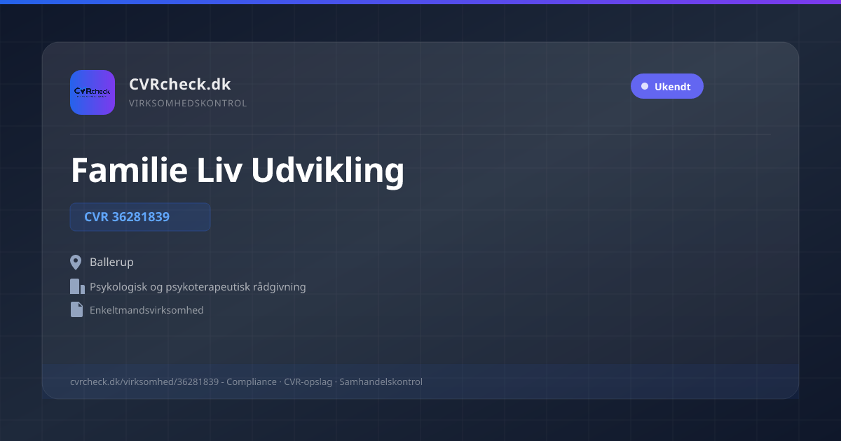 Visitkort: Familie Liv Udvikling, CVR 36281839, Psykologisk og psykoterapeutisk rådgivning, Ballerup