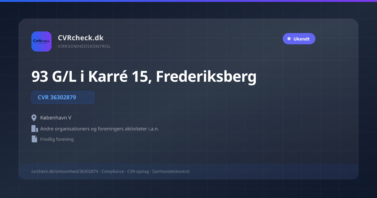 Visitkort: 93 G/L i Karré 15, Frederiksberg, CVR 36302879, Andre organisationers og foreningers aktiviteter i.a.n., København V