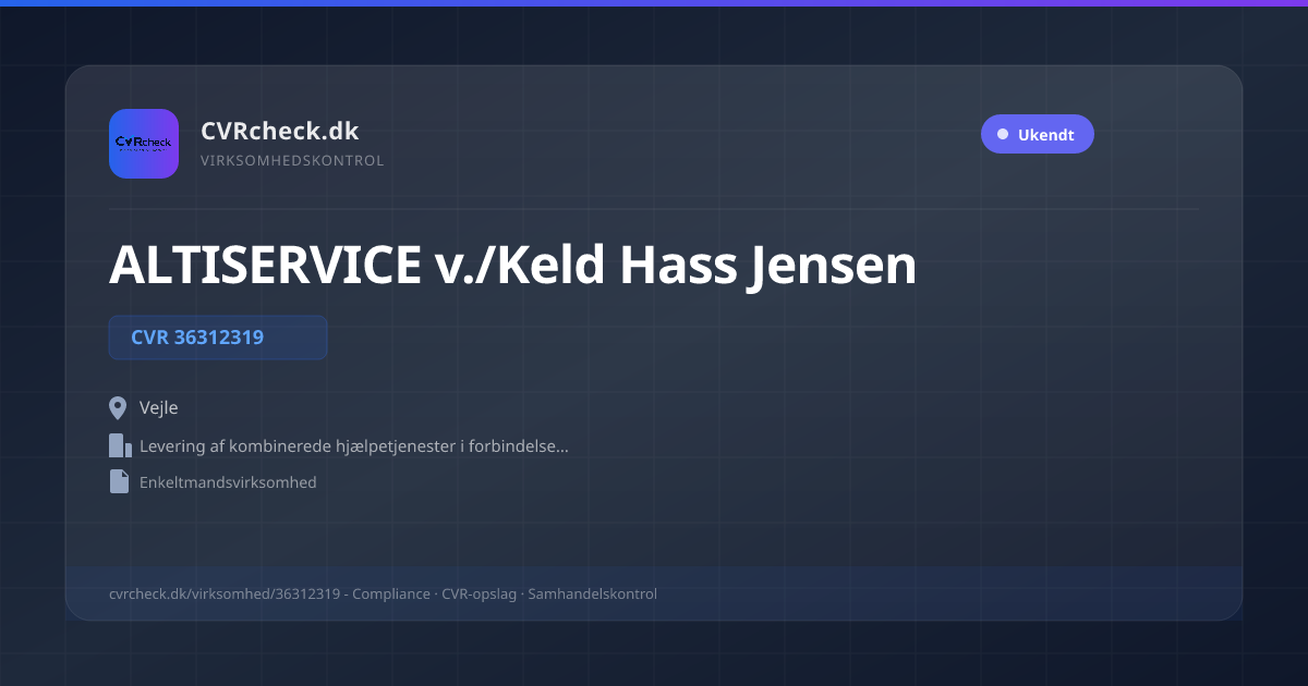 Visitkort: ALTISERVICE v./Keld Hass Jensen, CVR 36312319, Levering af kombinerede hjælpetjenester i forbindelse med drift af fast ejendom, Vejle