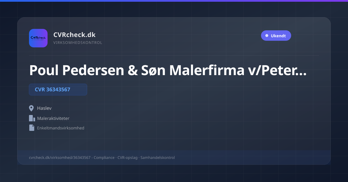 Visitkort: Poul Pedersen & Søn Malerfirma v/Peter Pedersen, CVR 36343567, Maleraktiviteter, Haslev