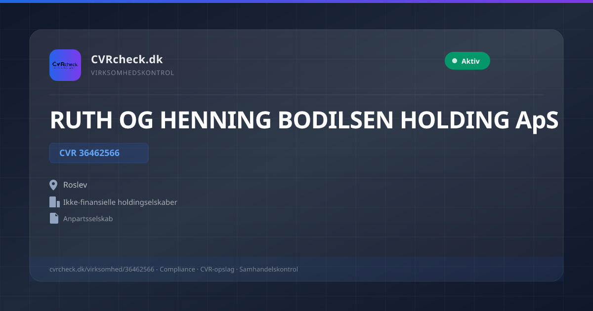 Visitkort: RUTH OG HENNING BODILSEN HOLDING ApS, CVR 36462566, Ikke-finansielle holdingselskaber, Roslev, NORMAL