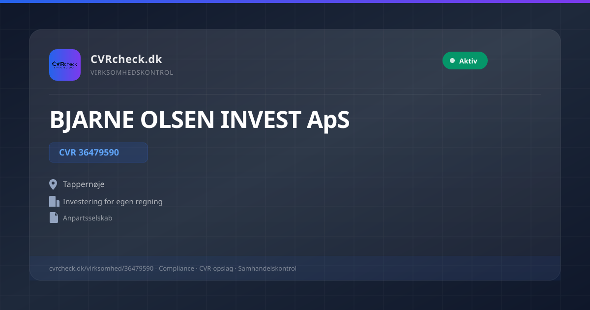 Visitkort: BJARNE OLSEN INVEST ApS, CVR 36479590, Investering for egen regning, Tappernøje, NORMAL