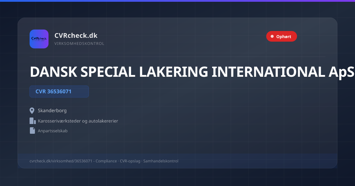 Visitkort: DANSK SPECIAL LAKERING INTERNATIONAL ApS, CVR 36536071, Karosseriværksteder og autolakererier, Skanderborg, OPLØST EFTER KONKURS