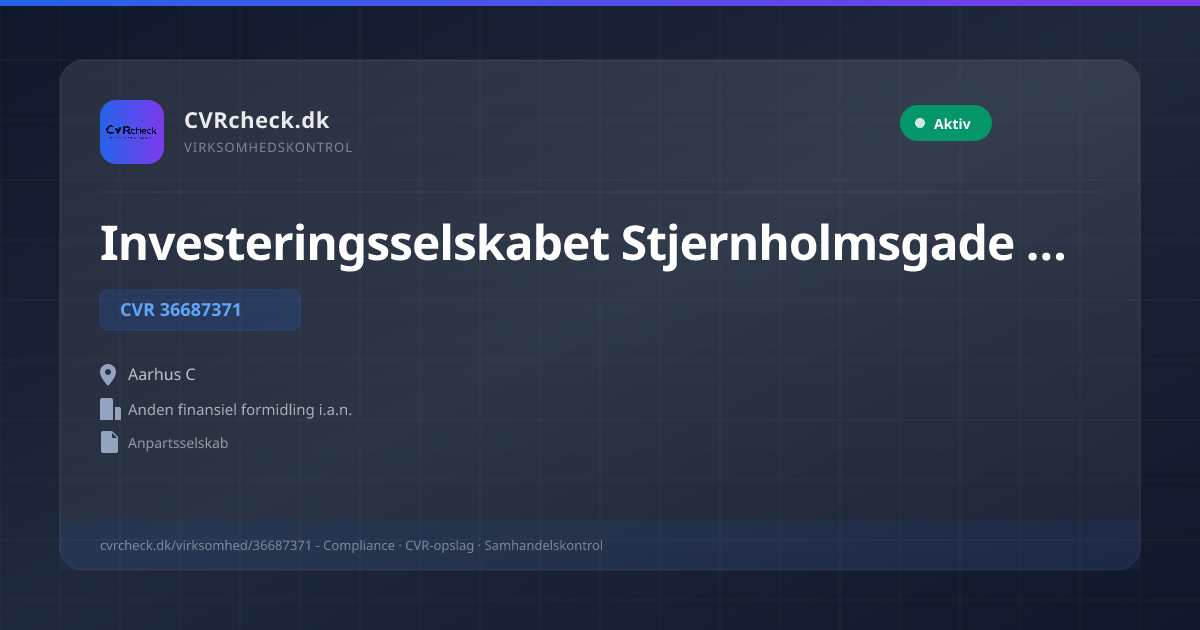 Visitkort: Investeringsselskabet Stjernholmsgade 7A ApS, CVR 36687371, Anden finansiel formidling i.a.n., Aarhus C, NORMAL