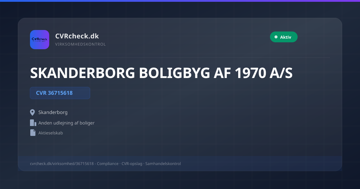 Visitkort: SKANDERBORG BOLIGBYG AF 1970 A/S, CVR 36715618, Anden udlejning af boliger, Skanderborg, NORMAL