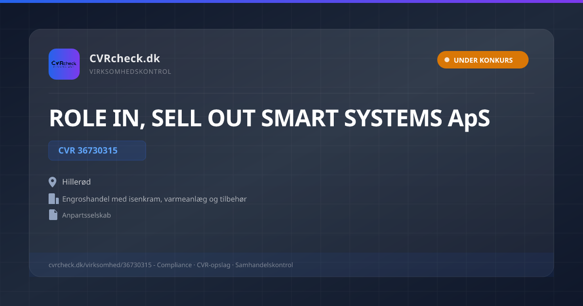 Visitkort: ROLE IN, SELL OUT SMART SYSTEMS ApS, CVR 36730315, Engroshandel med isenkram, varmeanlæg og tilbehør, Hillerød, UNDER KONKURS