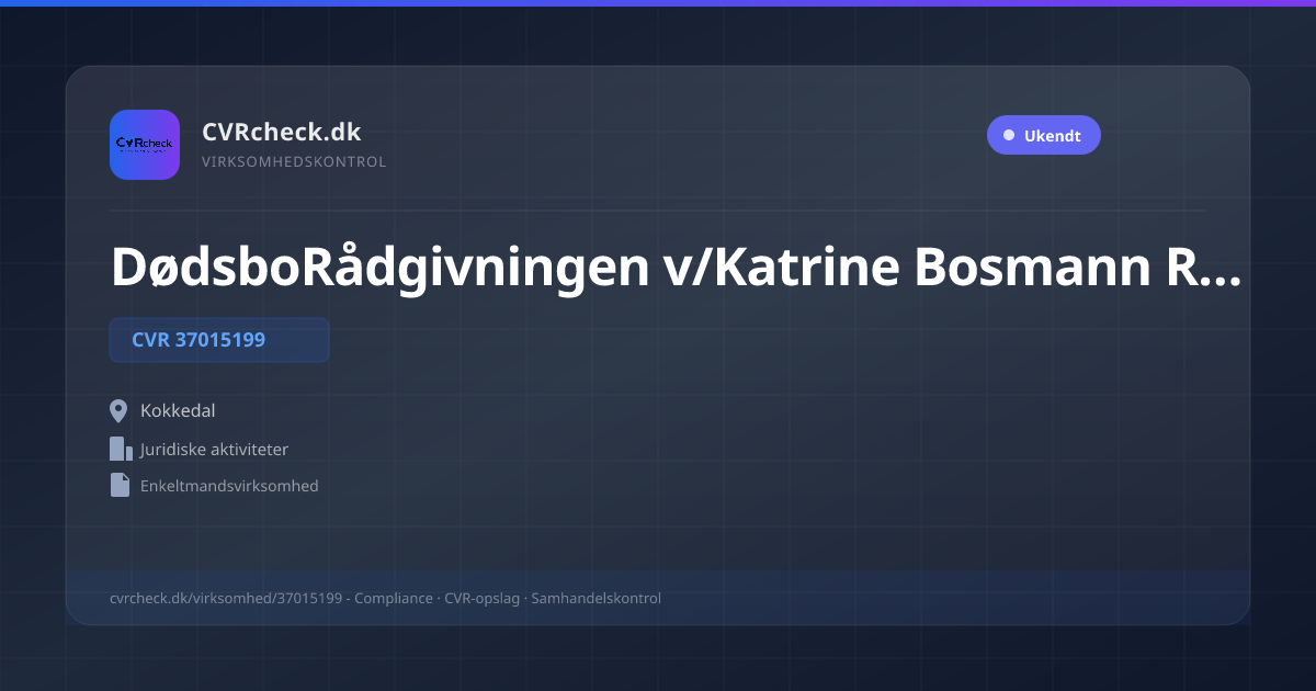 Visitkort: DødsboRådgivningen v/Katrine Bosmann Ridstrøm, CVR 37015199, Juridiske aktiviteter, Kokkedal