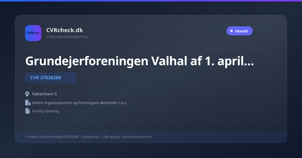 Visitkort: Grundejerforeningen Valhal af 1. april 1912, CVR 37038288, Andre organisationers og foreningers aktiviteter i.a.n., København S