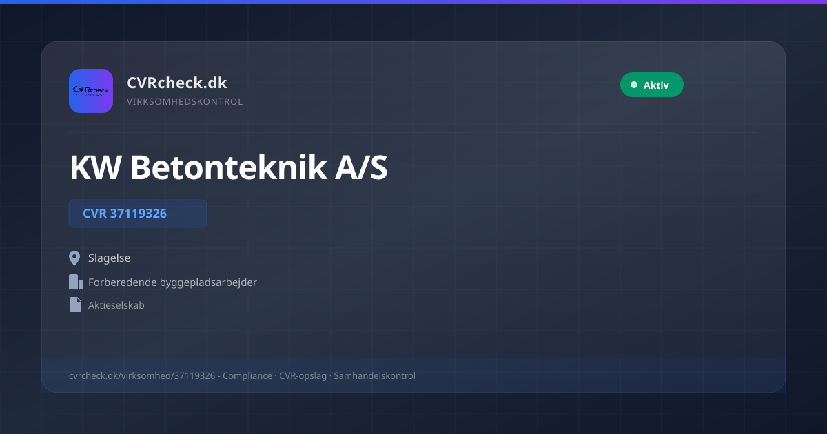 Visitkort: KW Betonteknik A/S, CVR 37119326, Forberedende byggepladsarbejder, Slagelse, NORMAL