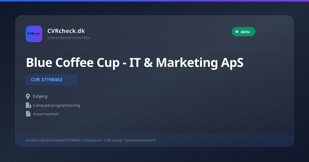 Visitkort: Blue Coffee Cup - IT & Marketing ApS, CVR 37198463, Computerprogrammering, Esbjerg, NORMAL